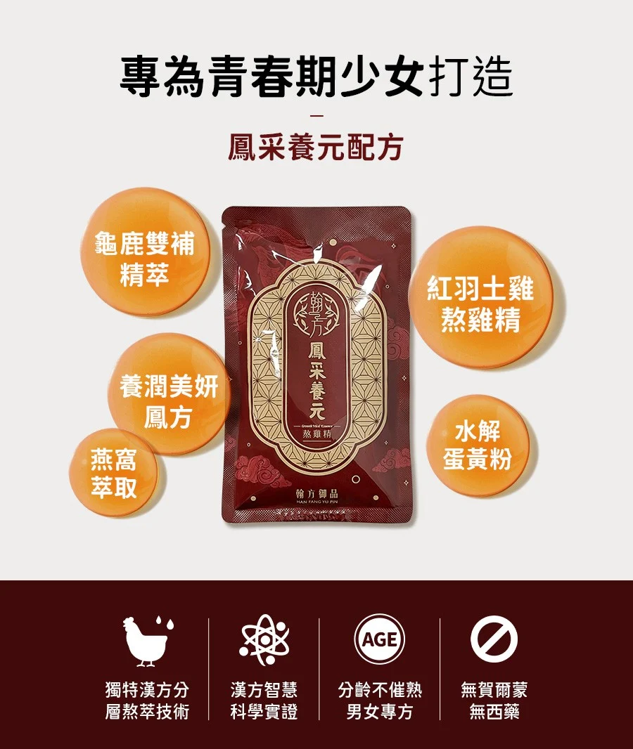 翰方御品成長熬雞精透過「分齡、分方」設計,針對已出現第二性徵的孩子,提供最直接的營養支持,協助孩子在發育衝刺期「高人一等」,奠定自信的成年體態。